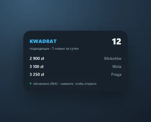 Віджэт Kwadrat PL на хатнім экране iPhone: колькасць прыдатных кватэр і цэны арэнды